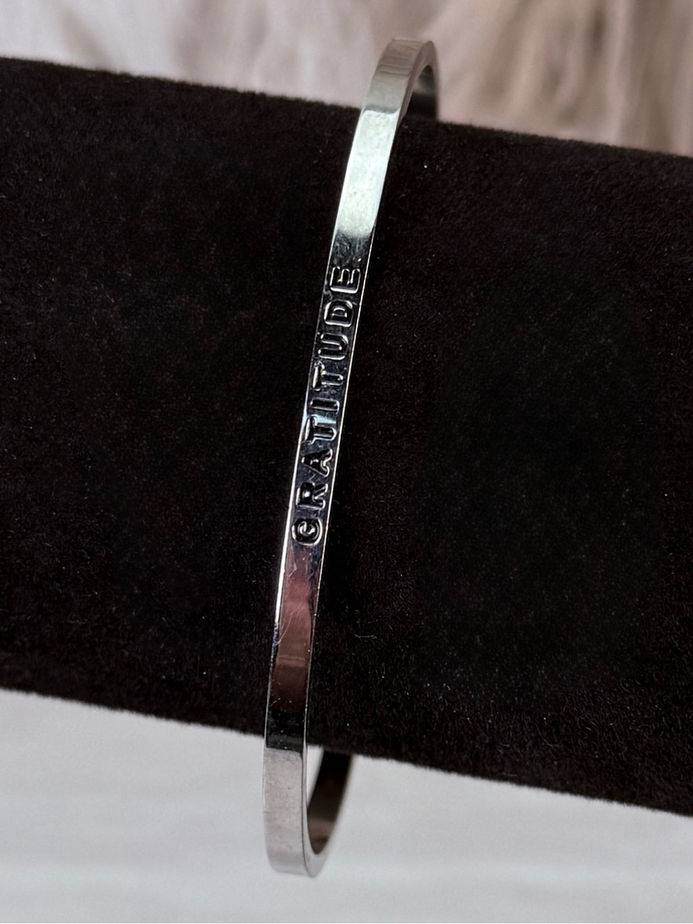 Gratitude Silvertone Thin Minimalist Cuff Bracelet